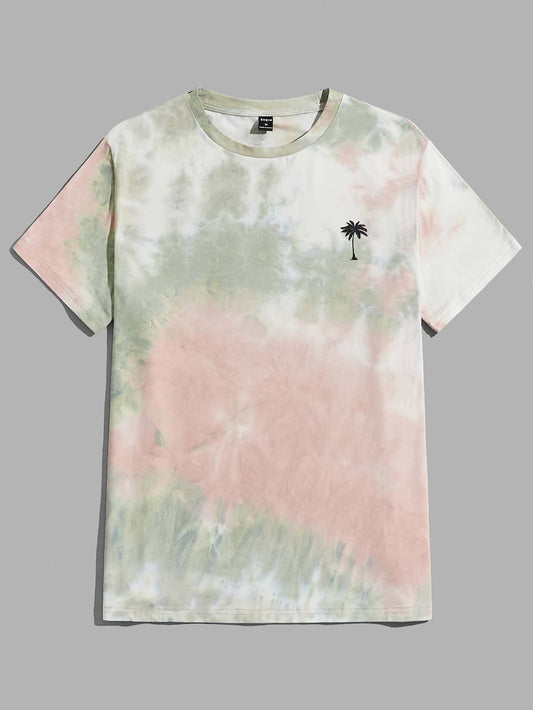 Men's Palm Tree Tie Dye Print Short Sleeve T Shirt Vacation Style Summer Casual Beach Graphic Tee Comfortable Daily Wear For Men
