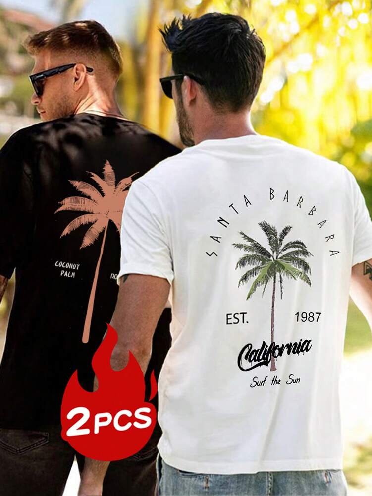 2pcs Men's Loose Fit Short Sleeve T Shirts With Letter And Palm Tree Print Summer Vacation Style Casual Cotton Graphic Tees Outfit