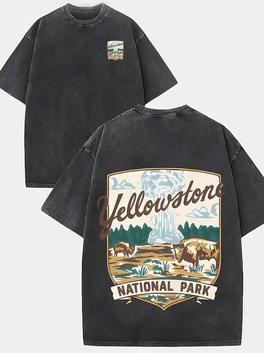Men's Yellowstone National Park Graphic Print Washed Cotton Casual T Shirt Short Sleeve Double Sided Comfortable Summer Top Outfit