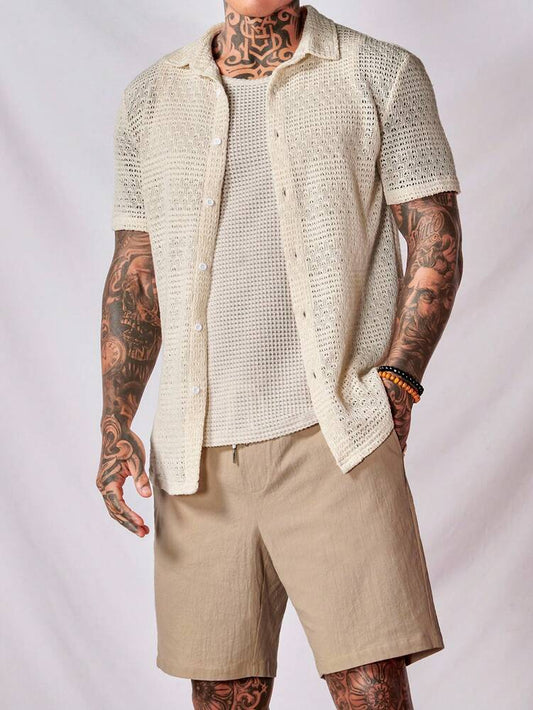 Men's Cotton Solid Shirt Tank Top And Drawstring Shorts Three Piece Casual Boho Outfit Summer Vacation Daily Wear Clothing For Men