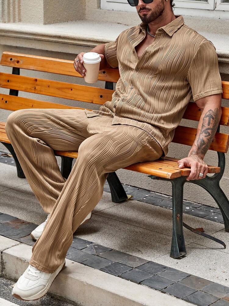 Men's Solid Button Up Short Sleeve Shirt With Drawstring Pants Two Piece Casual Outfit Comfortable Summer Daily Wear Clothing