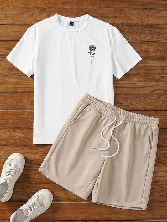 Men's Floral Print Short Sleeve T Shirt And Drawstring Shorts Two Piece Casual Summer Outfit Vacation Style Knitted Set For Men
