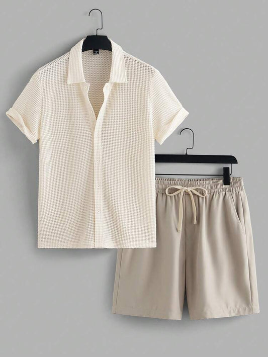 Men's Summer Mesh Breathable Short Sleeve Shirt And Drawstring Shorts Two Piece Casual Outfit Relaxed Fit Comfortable Vacation Set