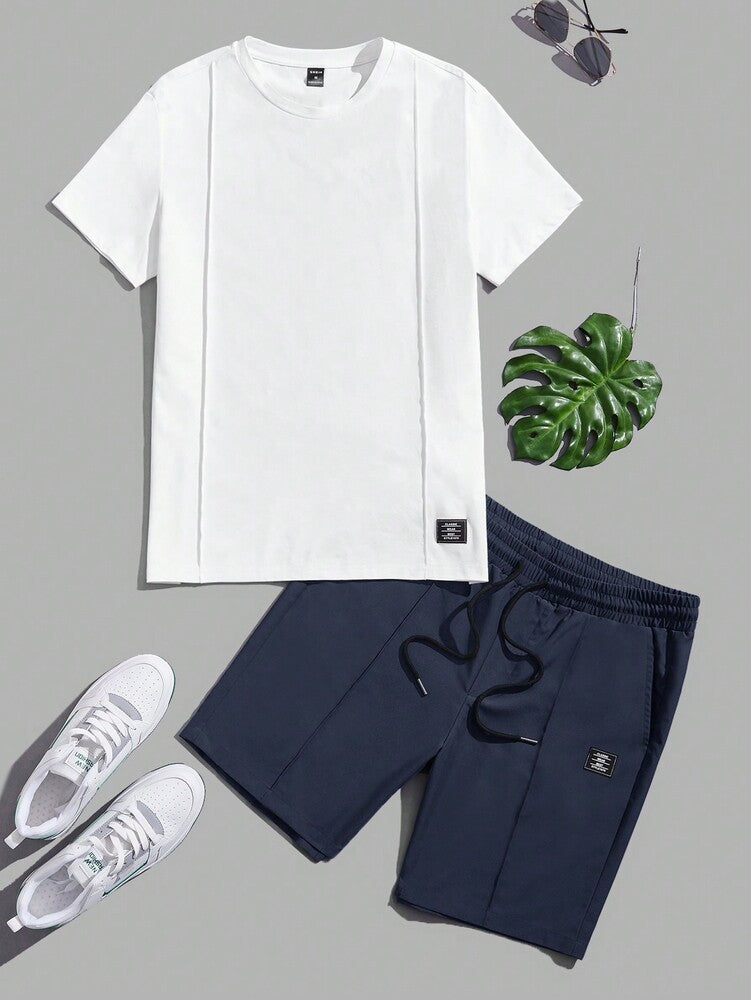 Men's Letter Patch Detail T Shirt And Drawstring Shorts Two Piece Casual Outfit Comfortable Summer Vacation Style Daily Wear Clothing