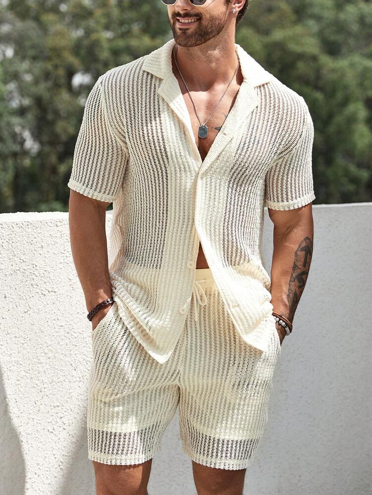 Men's Hollow Out Short Sleeve Shirt And Drawstring Shorts Two Piece Casual Outfit Lightweight Summer Vacation Beachwear Clothing
