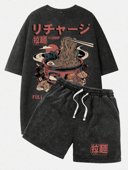 2pcs Men's Vintage Washed Black Short Sleeve T Shirt And Shorts Anime Manga Graphic Outfit Casual Summer Daily Wear Otaku Gift
