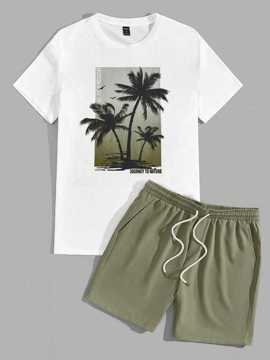 Men's Tropical Print Short Sleeve T Shirt And Drawstring Shorts Two Piece Casual Summer Outfit Lightweight Vacation Beachwear Set