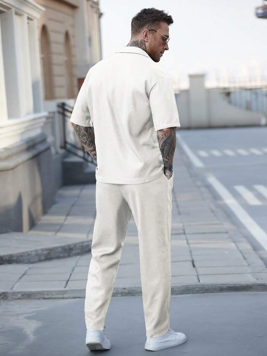Men's Waffle Knit Jacquard Shirt And Pants Set Two Piece Casual Summer Outfit Beach Vacation Style Matching Couple Gift For Men