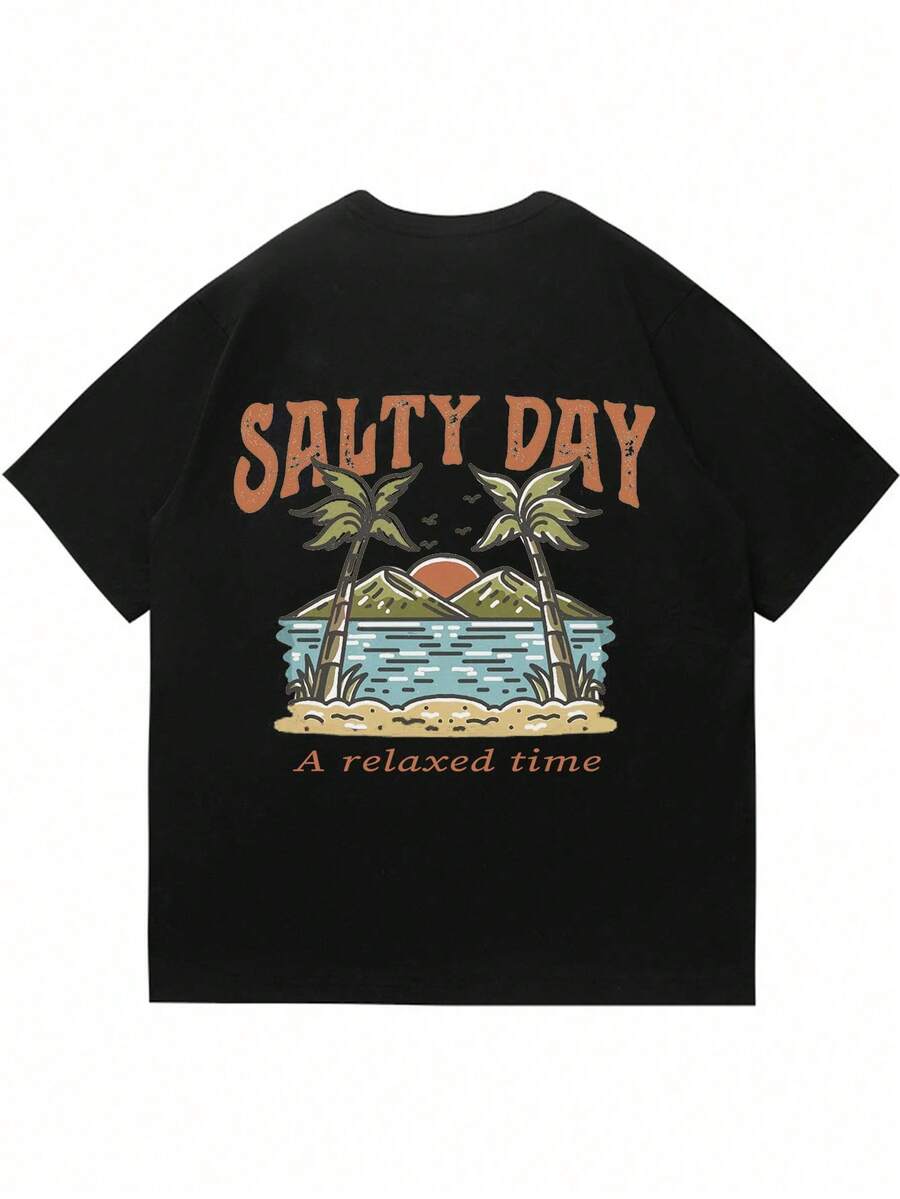 Men's Palm Tree Slogan Print Round Neck Casual Short Sleeve T Shirt Vacation Style Comfortable Cotton Graphic Summer Tee For Men