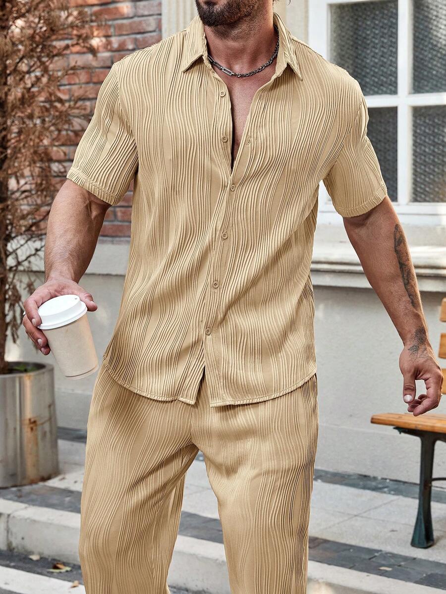 Men's Solid Button Up Short Sleeve Shirt With Drawstring Pants Two Piece Casual Outfit Comfortable Summer Daily Wear Clothing