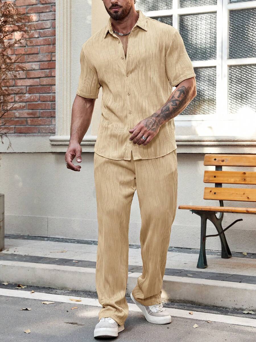 Men's Solid Button Up Short Sleeve Shirt With Drawstring Pants Two Piece Casual Outfit Comfortable Summer Daily Wear Clothing