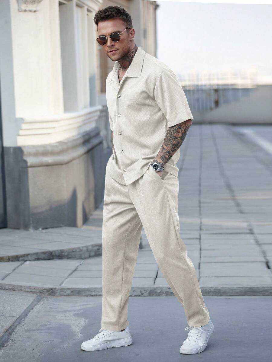 Men's Waffle Knit Jacquard Shirt And Pants Set Two Piece Casual Summer Outfit Beach Vacation Style Matching Couple Gift For Men