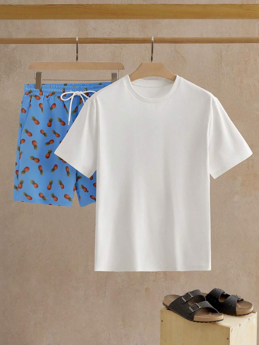 Men's Floral Print Short Sleeve T Shirt And Drawstring Shorts Two Piece Casual Summer Outfit Vacation Style Knitted Set For Men