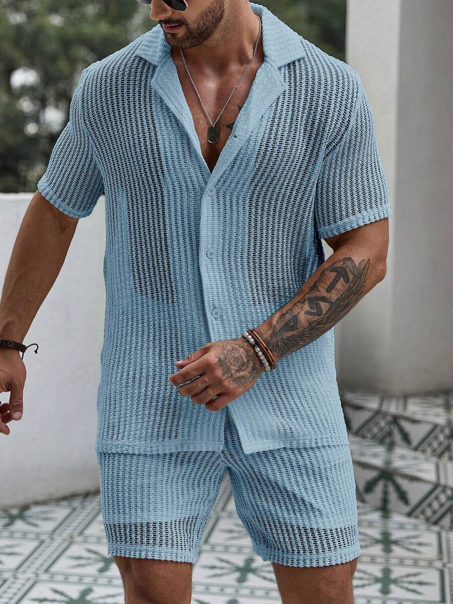 Men's Hollow Out Short Sleeve Shirt And Drawstring Shorts Two Piece Casual Outfit Lightweight Summer Vacation Beachwear Clothing