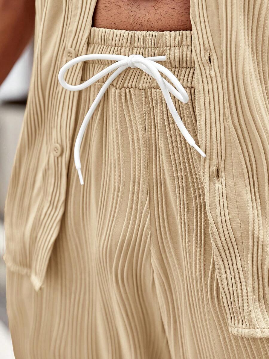 Men's Solid Button Up Short Sleeve Shirt With Drawstring Pants Two Piece Casual Outfit Comfortable Summer Daily Wear Clothing