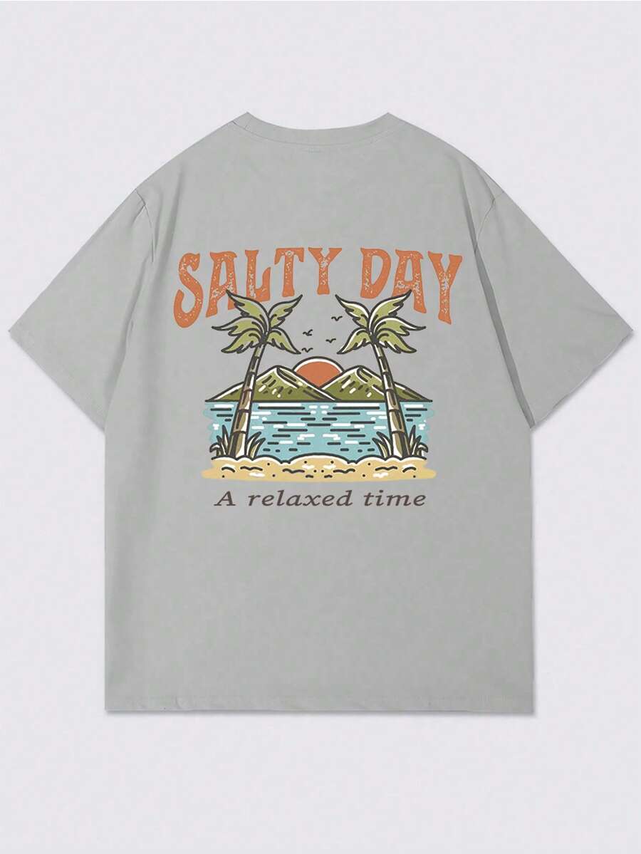 Men's Palm Tree Slogan Print Round Neck Casual Short Sleeve T Shirt Vacation Style Comfortable Cotton Graphic Summer Tee For Men