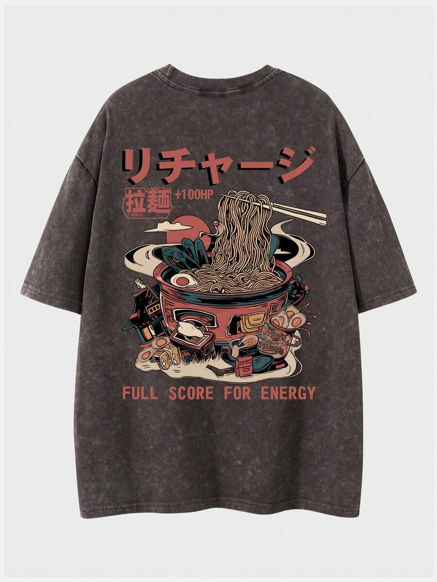 2pcs Men's Vintage Washed Black Short Sleeve T Shirt And Shorts Anime Manga Graphic Outfit Casual Summer Daily Wear Otaku Gift