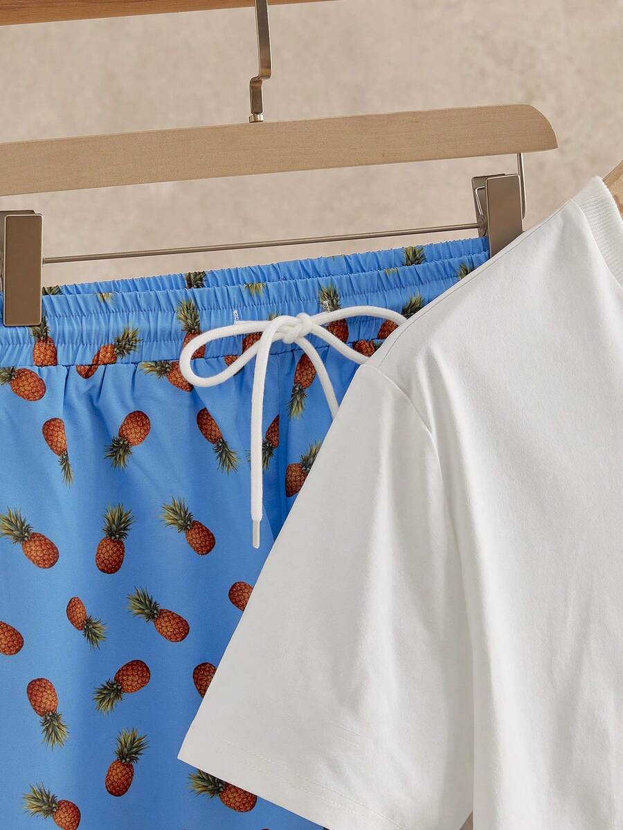 Men's Floral Print Short Sleeve T Shirt And Drawstring Shorts Two Piece Casual Summer Outfit Vacation Style Knitted Set For Men