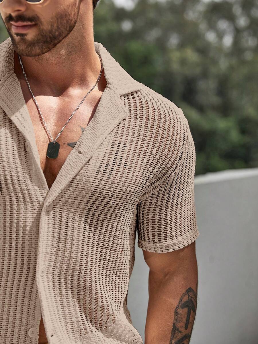 Men's Hollow Out Short Sleeve Shirt And Drawstring Shorts Two Piece Casual Outfit Lightweight Summer Vacation Beachwear Clothing