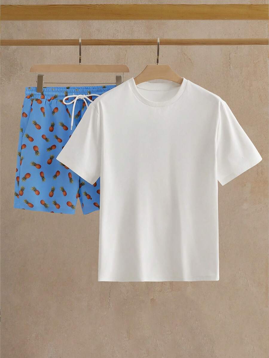 Men's Floral Print Short Sleeve T Shirt And Drawstring Shorts Two Piece Casual Summer Outfit Vacation Style Knitted Set For Men