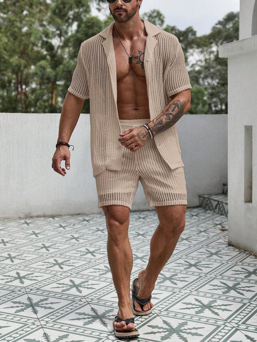 Men's Hollow Out Short Sleeve Shirt And Drawstring Shorts Two Piece Casual Outfit Lightweight Summer Vacation Beachwear Clothing
