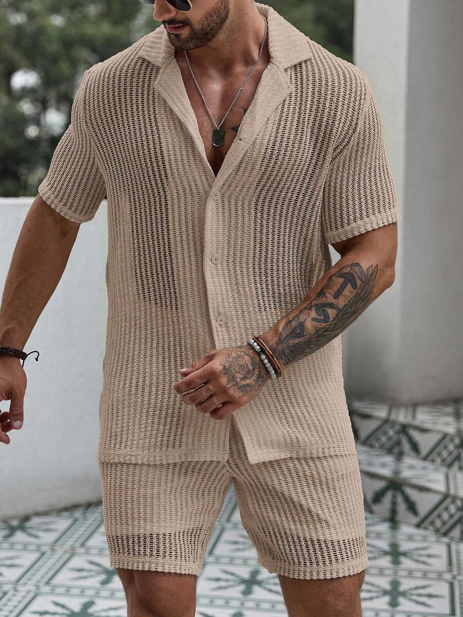 Men's Hollow Out Short Sleeve Shirt And Drawstring Shorts Two Piece Casual Outfit Lightweight Summer Vacation Beachwear Clothing