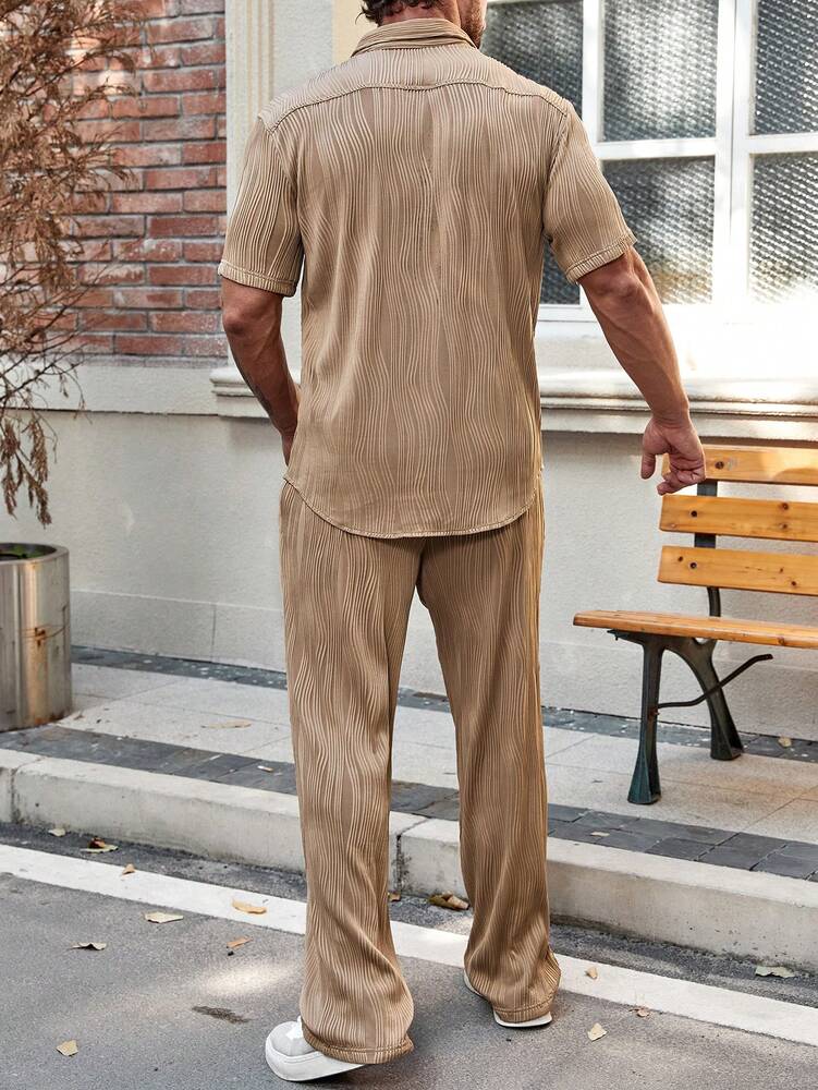 Men's Solid Button Up Short Sleeve Shirt With Drawstring Pants Two Piece Casual Outfit Comfortable Summer Daily Wear Clothing