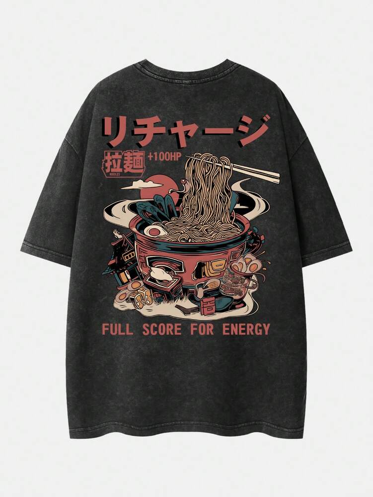 2pcs Men's Vintage Washed Black Short Sleeve T Shirt And Shorts Anime Manga Graphic Outfit Casual Summer Daily Wear Otaku Gift
