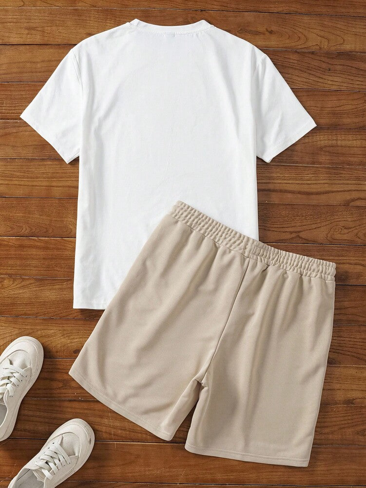 Men's Floral Print Short Sleeve T Shirt And Drawstring Shorts Two Piece Casual Summer Outfit Vacation Style Knitted Set For Men