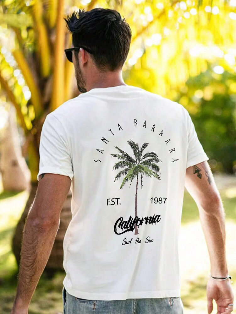 2pcs Men's Loose Fit Short Sleeve T Shirts With Letter And Palm Tree Print Summer Vacation Style Casual Cotton Graphic Tees Outfit