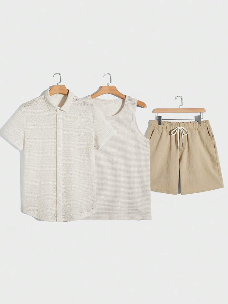 Men's Cotton Solid Shirt Tank Top And Drawstring Shorts Three Piece Casual Boho Outfit Summer Vacation Daily Wear Clothing For Men