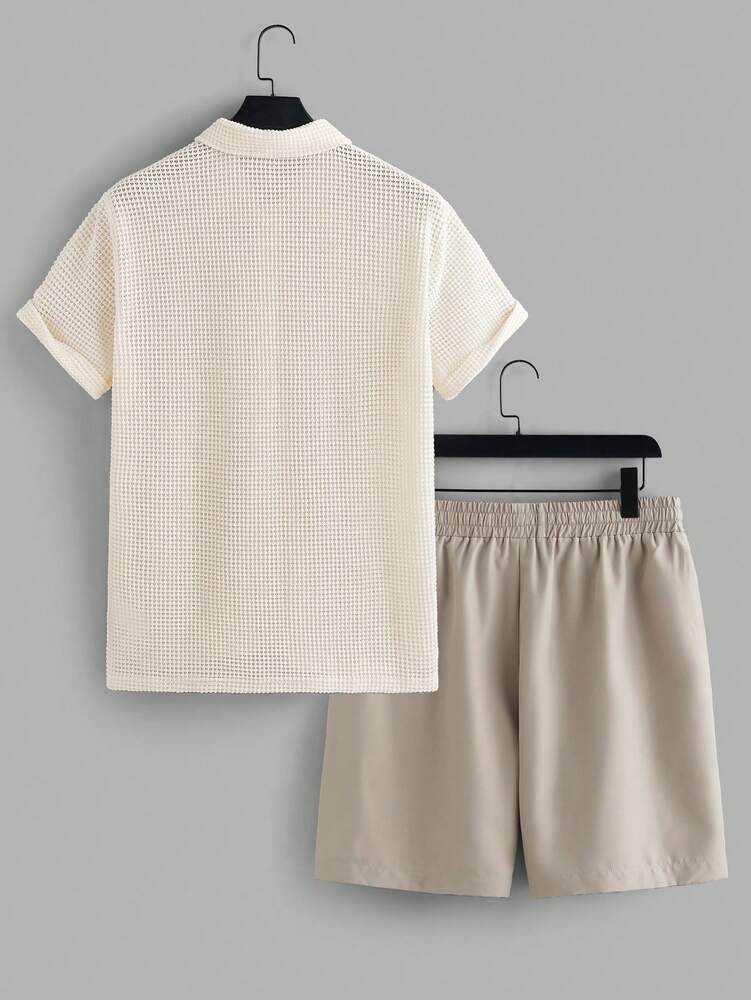 Men's Summer Mesh Breathable Short Sleeve Shirt And Drawstring Shorts Two Piece Casual Outfit Relaxed Fit Comfortable Vacation Set
