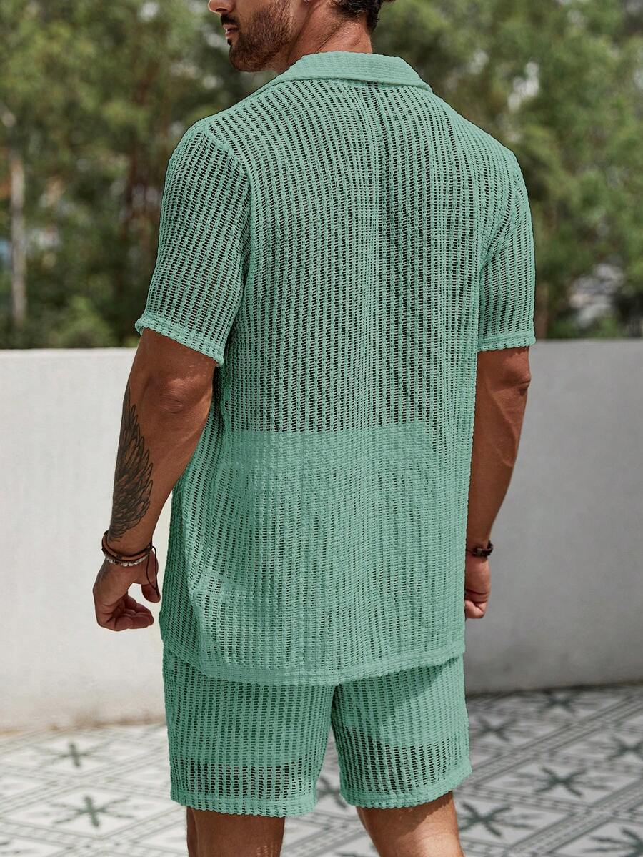 Men's Hollow Out Short Sleeve Shirt And Drawstring Shorts Two Piece Casual Outfit Lightweight Summer Vacation Beachwear Clothing