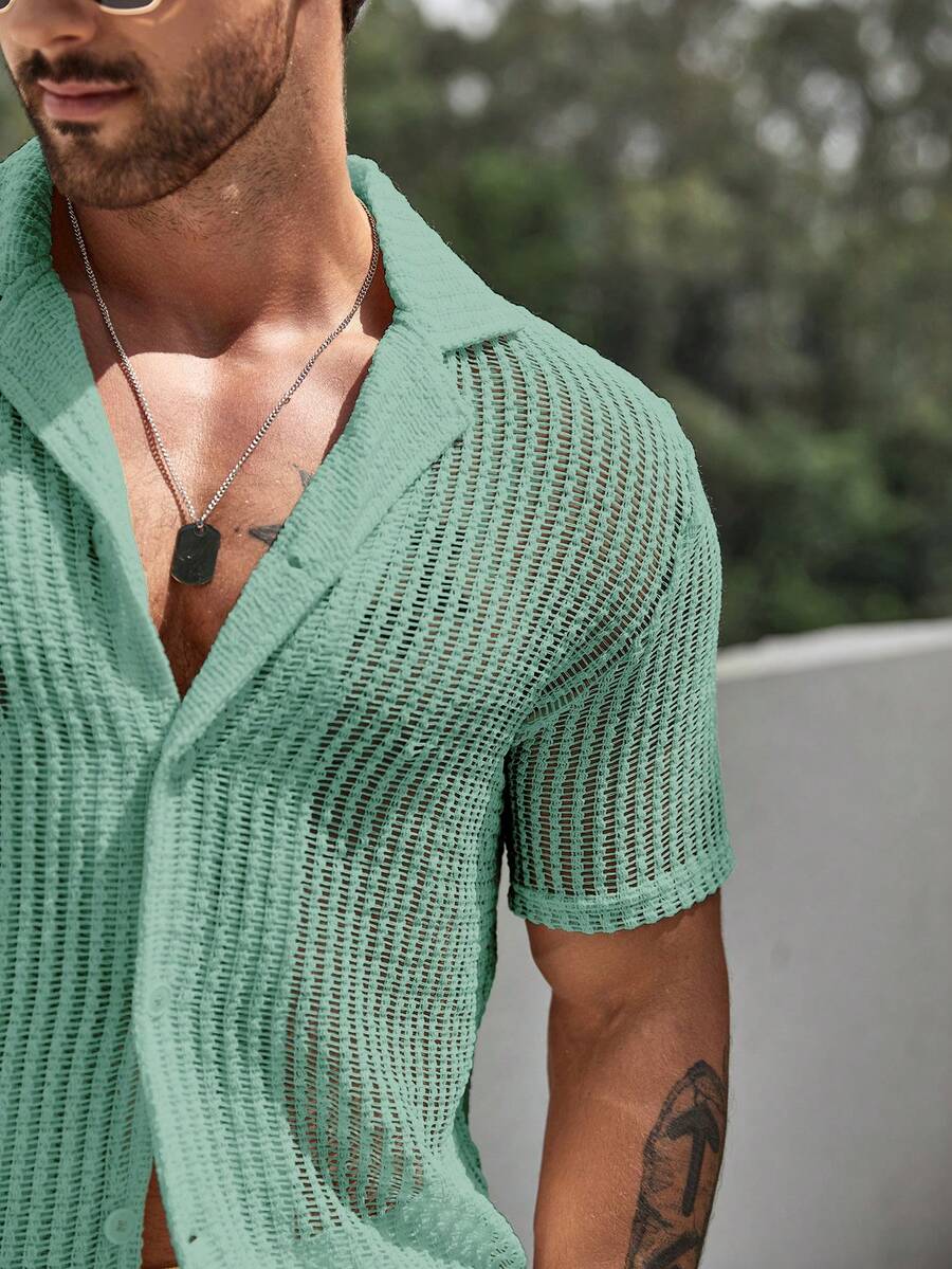 Men's Hollow Out Short Sleeve Shirt And Drawstring Shorts Two Piece Casual Outfit Lightweight Summer Vacation Beachwear Clothing