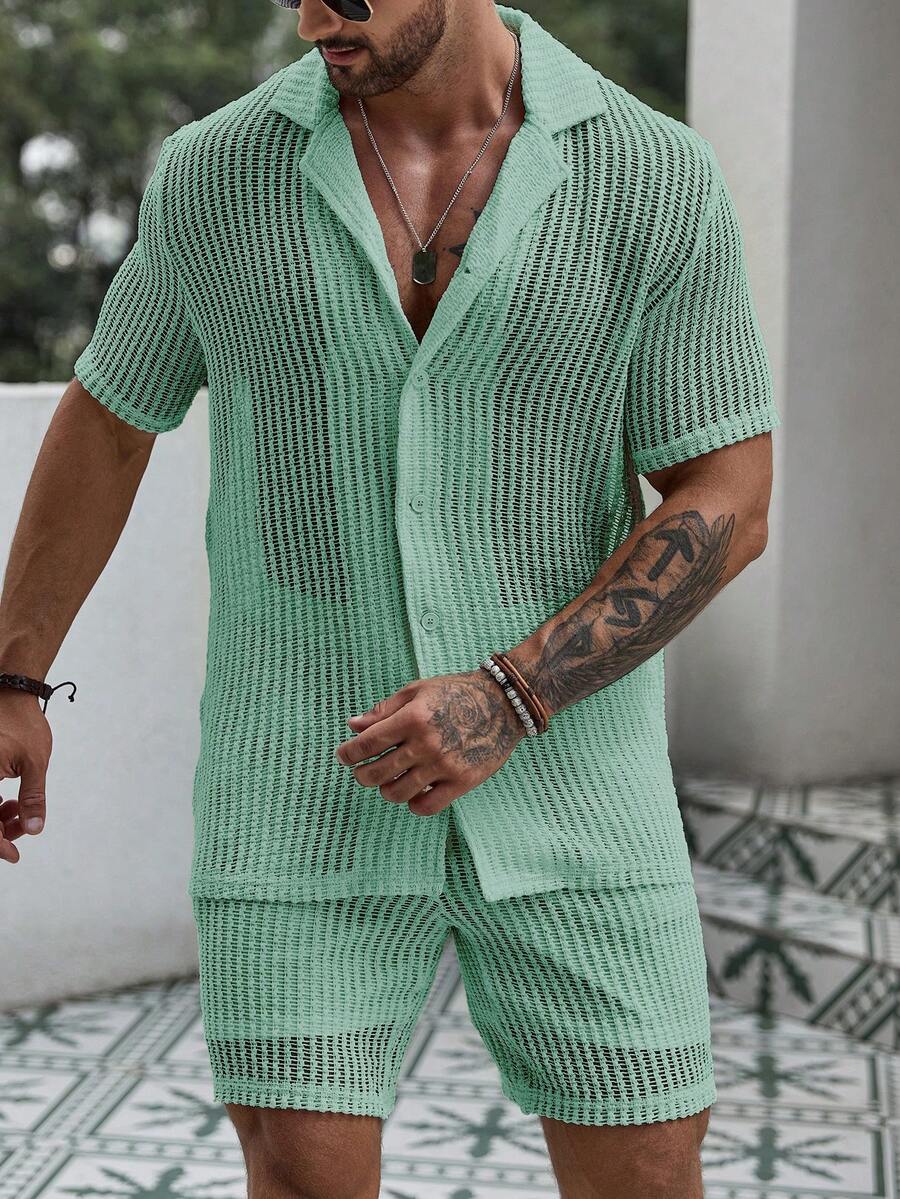 Men's Hollow Out Short Sleeve Shirt And Drawstring Shorts Two Piece Casual Outfit Lightweight Summer Vacation Beachwear Clothing