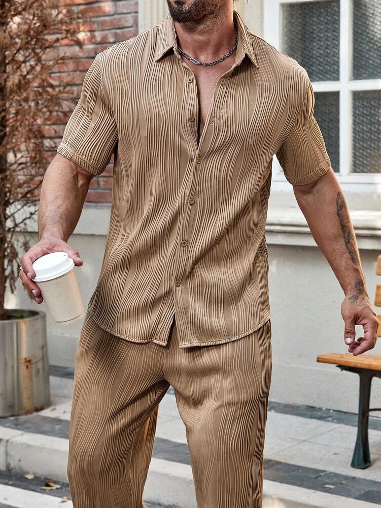 Men's Solid Button Up Short Sleeve Shirt With Drawstring Pants Two Piece Casual Outfit Comfortable Summer Daily Wear Clothing