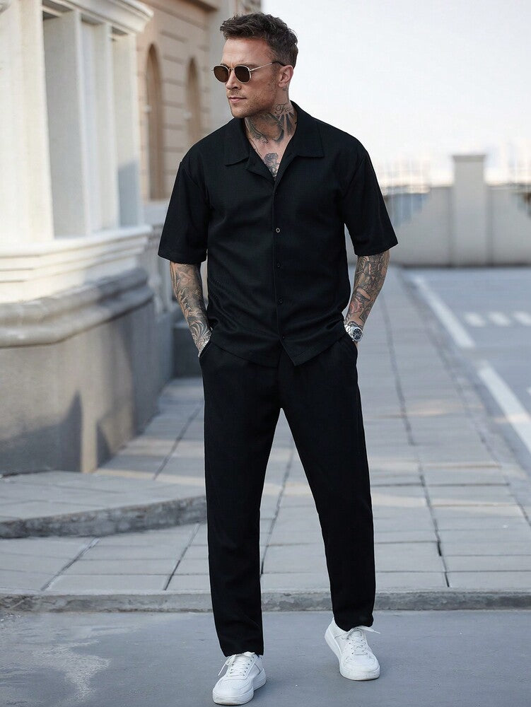 Men's Waffle Knit Jacquard Shirt And Pants Set Two Piece Casual Summer Outfit Beach Vacation Style Matching Couple Gift For Men