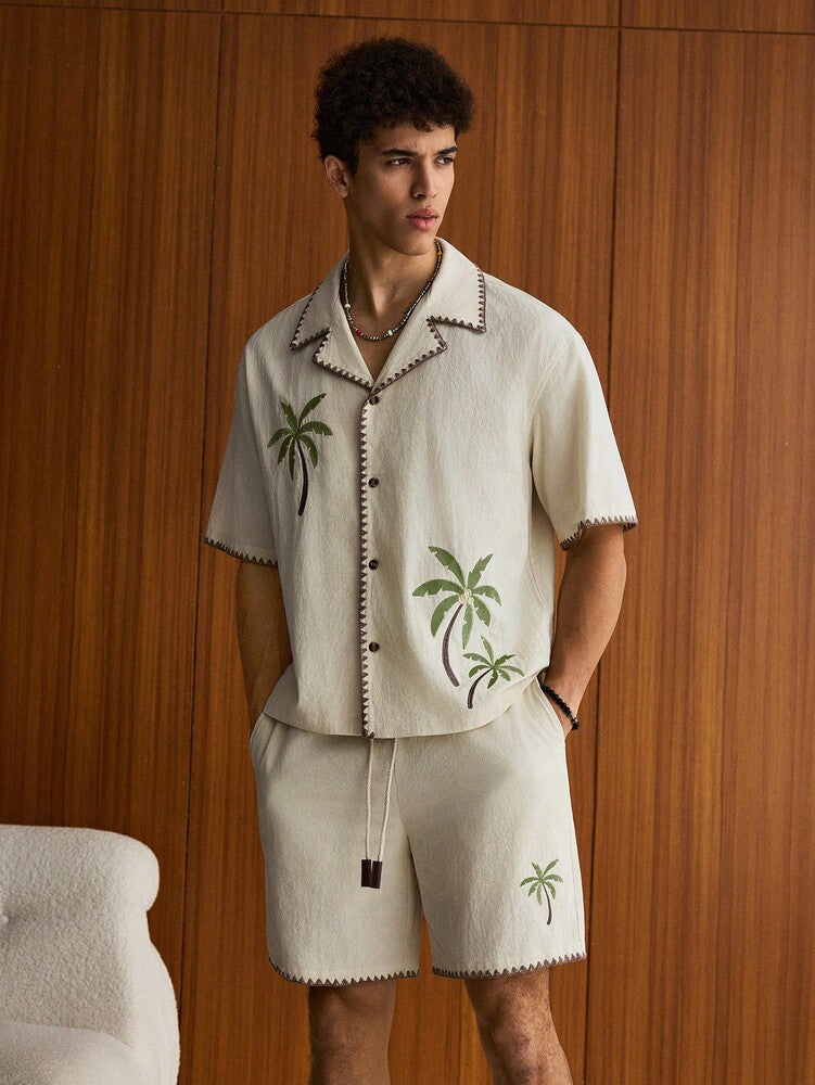 Men's Loose Fit Woven Short Sleeve Shirt And Drawstring Straight Leg Shorts Two Piece Casual Outfit Summer Vacation Daily Wear Set