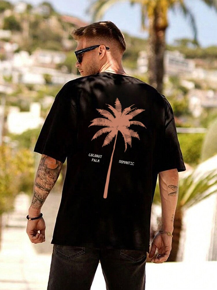 2pcs Men's Loose Fit Short Sleeve T Shirts With Letter And Palm Tree Print Summer Vacation Style Casual Cotton Graphic Tees Outfit