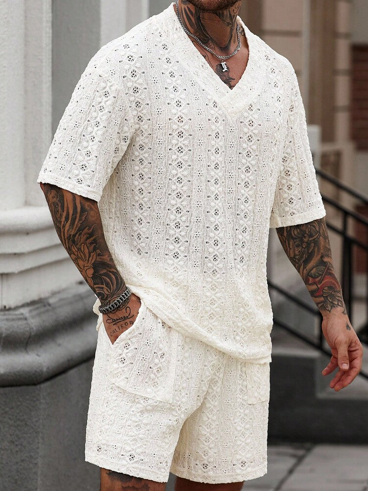 Men's Knitted Textured V Neck White T Shirt And Shorts Two Piece Set Summer Outfit Crochet Pattern Casual Comfortable Daily Clothing