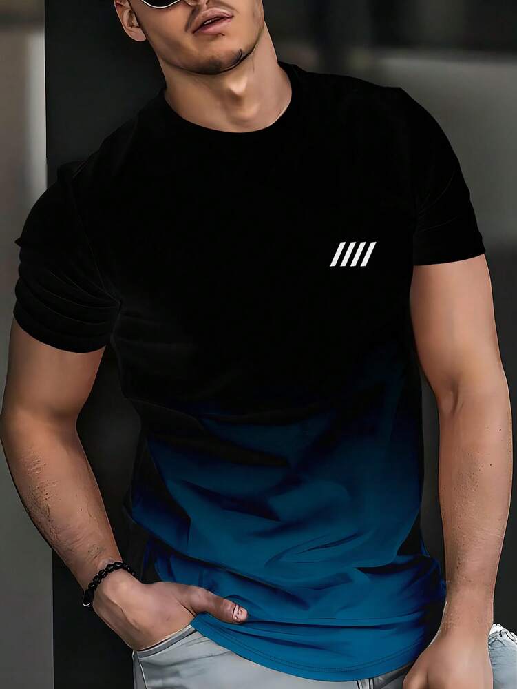 Men's Black Grey Ombre Crew Neck Casual T Shirt Four Stripe Print Minimalist Short Sleeve Breathable Cotton Summer Top Daily Outfit