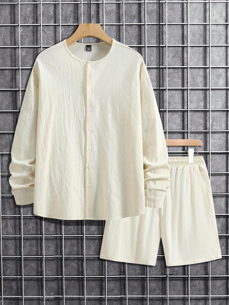 Men's Solid Color Single Breasted Shirt And Shorts With Pockets Two Piece Casual Outfit Summer Vacation Daily Wear Clothing For Men