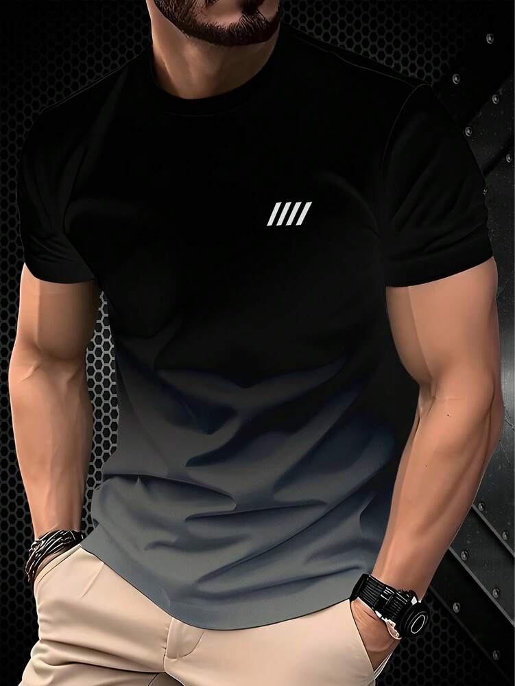 Men's Black Grey Ombre Crew Neck Casual T Shirt Four Stripe Print Minimalist Short Sleeve Breathable Cotton Summer Top Daily Outfit