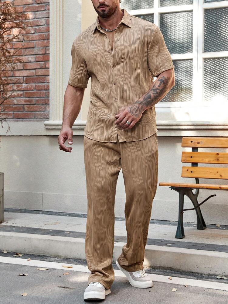 Men's Solid Button Up Short Sleeve Shirt With Drawstring Pants Two Piece Casual Outfit Comfortable Summer Daily Wear Clothing