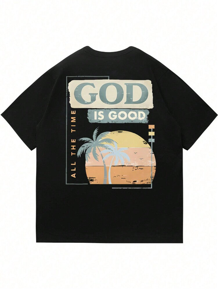 Men's Slogan Palm Tree Print Round Neck Casual Short Sleeve T Shirt Comfortable Summer Vacation Cotton Graphic Tee Fashion Top