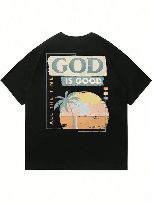 Men's Slogan Palm Tree Print Round Neck Casual Short Sleeve T Shirt Comfortable Summer Vacation Cotton Graphic Tee Fashion Top
