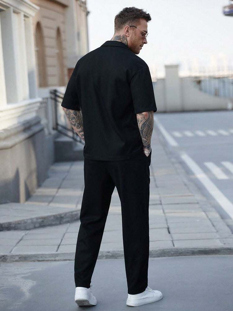Men's Waffle Knit Jacquard Shirt And Pants Set Two Piece Casual Summer Outfit Beach Vacation Style Matching Couple Gift For Men