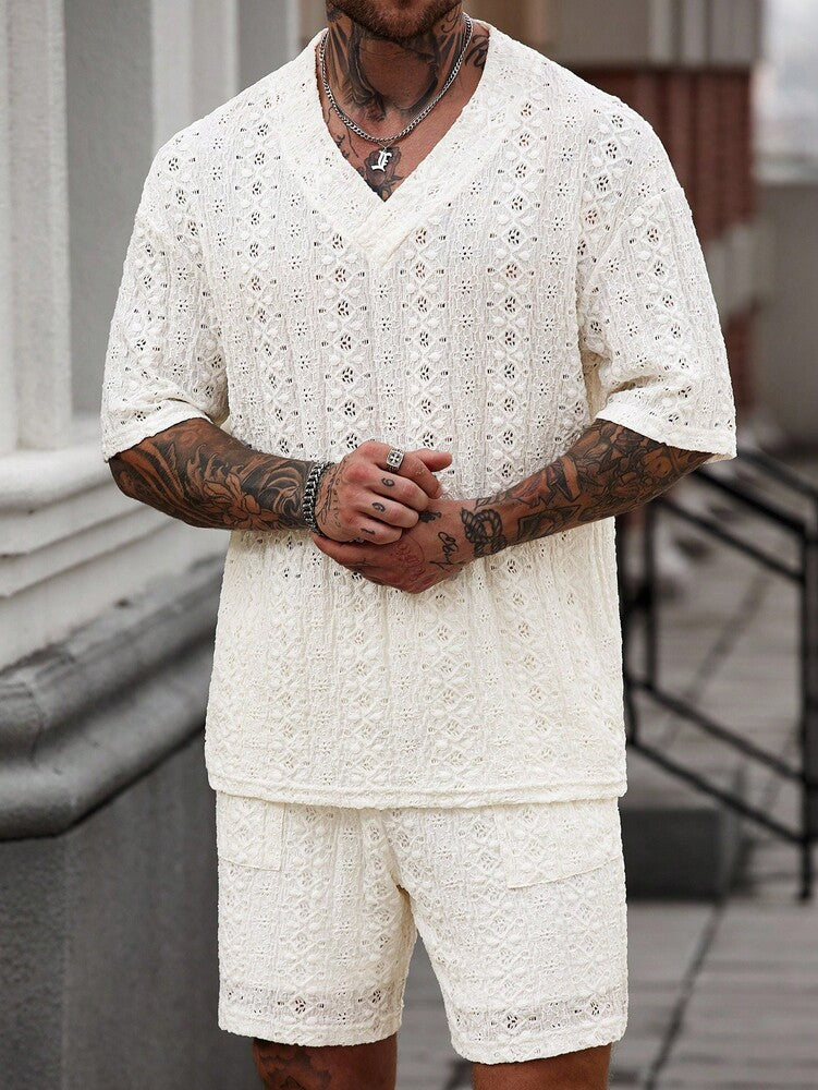 Men's Knitted Textured V Neck White T Shirt And Shorts Two Piece Set Summer Outfit Crochet Pattern Casual Comfortable Daily Clothing