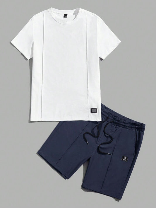 Men's Letter Patch Detail T Shirt And Drawstring Shorts Two Piece Casual Outfit Comfortable Summer Vacation Style Daily Wear Clothing
