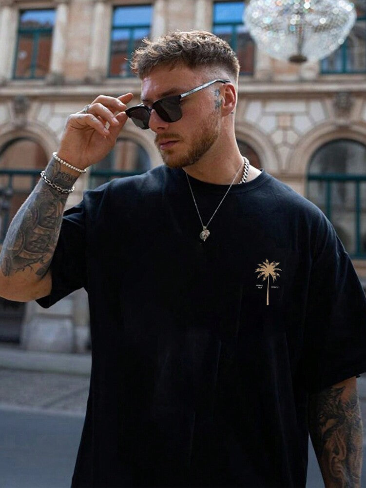 2pcs Men's Loose Fit Short Sleeve T Shirts With Letter And Palm Tree Print Summer Vacation Style Casual Cotton Graphic Tees Outfit